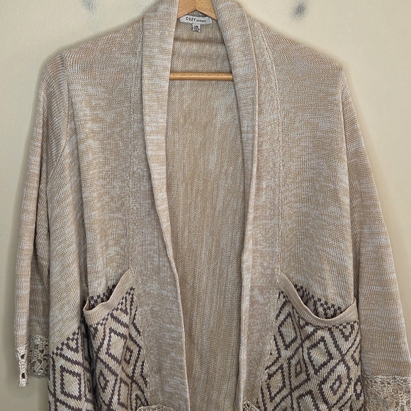 Cozy Casual | Tan Diamond Print Open Front Cardigan Sweater Size S/M - Picture 2 of 6